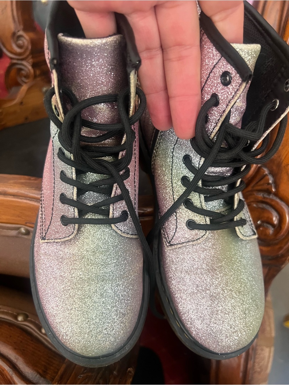 Dr. Martens Black 🌈 rainbow Ankle Boot with Silver Glitter Trim kids 3